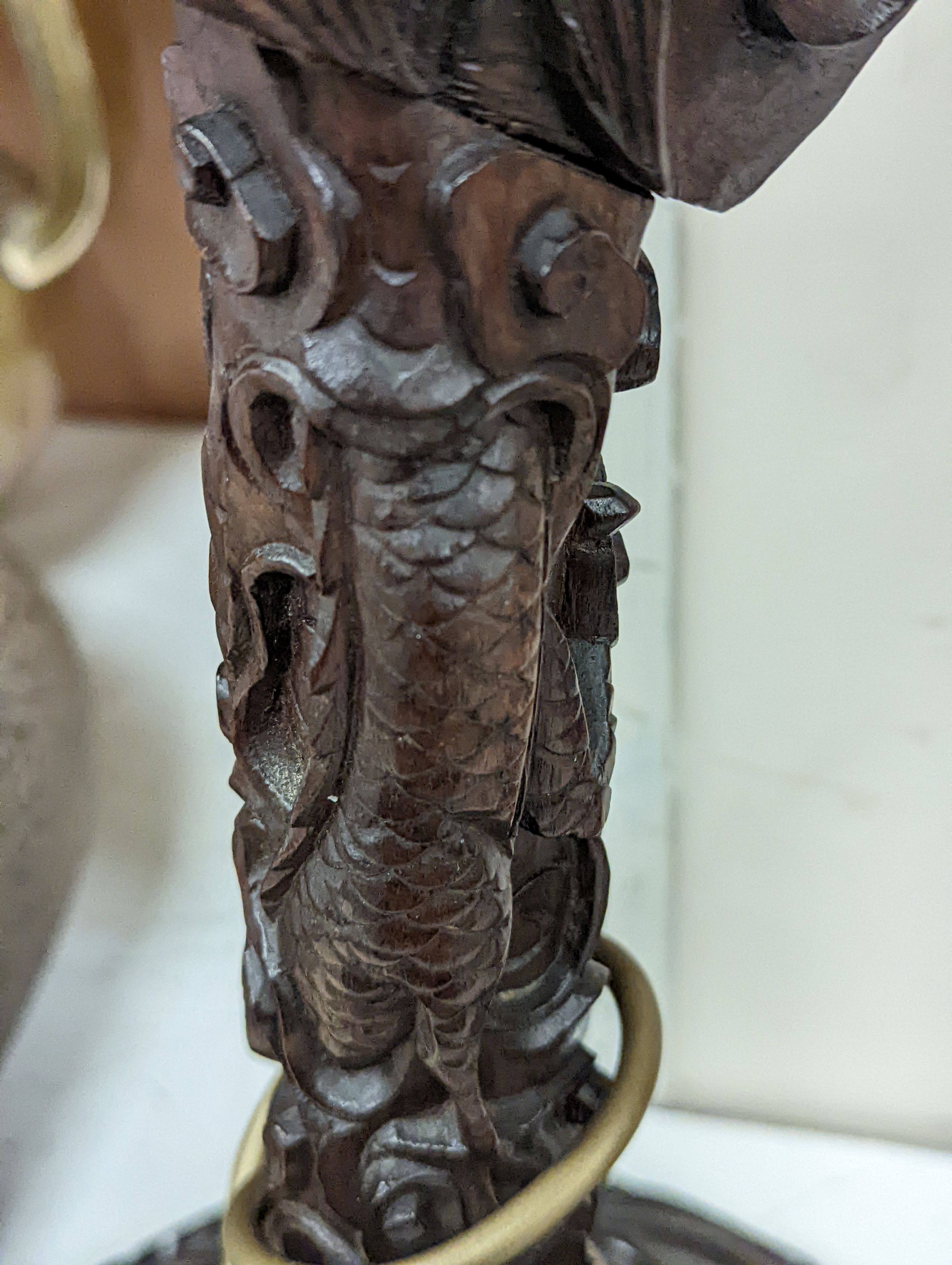 A pair of Chinese carved hongmu dragon lamps - 40cm tall